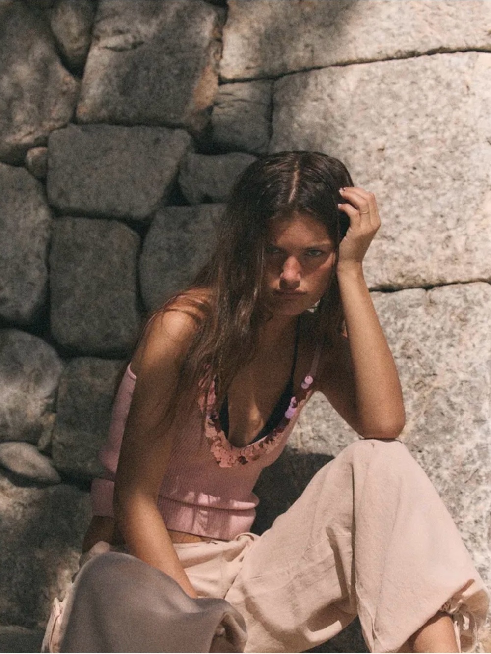 Zara Ribbed V-Neck Sequin-Trim Tank Top in Dusty Pink - Picture 7 of 7